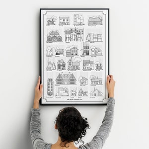 K&ouml;nnte beinhalten: Ein schwarz-wei&szlig;es Poster mit Illustrationen verschiedener Hausstile. Das Poster tr&auml;gt den Titel "The House Illustrations of...".