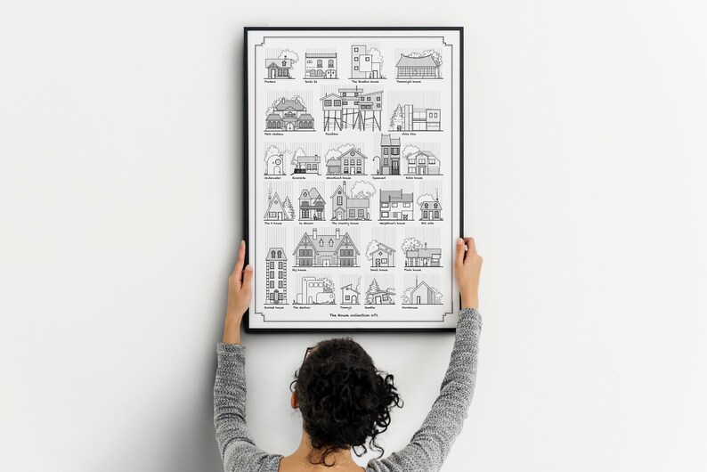 K&ouml;nnte beinhalten: Ein schwarz-wei&szlig;es Poster mit Illustrationen verschiedener Hausstile. Das Poster tr&auml;gt den Titel "The House Illustrations of...".
