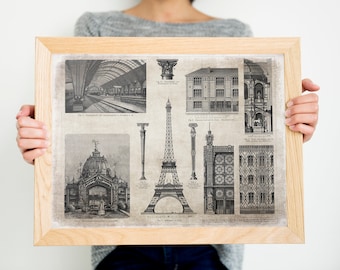 Vintage Eiffel Tower drawing Paris 1887, Architecture prints, classic architecture, vintage ink drawing, PRINTABLE wall art