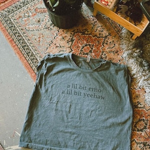 May include: A gray t-shirt with the text "a lil bit emo a lil bit yeehaw" printed in black. The shirt is lying on a patterned rug, with a pair of checkered Vans sneakers visible at the bottom.