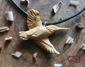 Humming Bird necklace. Pendant hand carved in olive wood.