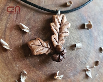Oak leaf necklace. Hand-carved pendant in walnut wood