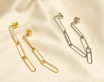 3pcs links, double chain stud earrings gold-plated or stainless steel, paper clip necklace earrings!  (CAROL)
