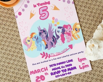 Verjaardagsuitnodiging Little Pony | Sjabloon verjaardagsuitnodiging voor kinderen afdrukbaar, verjaardagsuitnodiging meisjes, bewerkbare uitnodiging voor kinderen