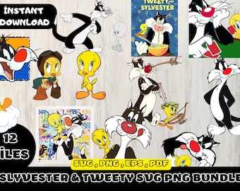 Slyvester & Tweety digitaal downloadpakket PNG SVG JPG | clipart- en afbeeldingsbestanden, shirts ontwerpen, cartoonbundel, verjaardagsuitnodiging onder de zee