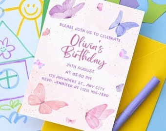 Butterfly Birthday Invitation for Girls, Modern Boho İnvitations, Fun Girls Birthday Invitation Template, Editable Printable Download