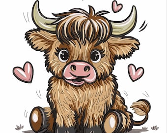 Borduurontwerp baby hooglandkoe, 5 maten, direct downloaden, schattige dieren machineborduurbestand, borduurbestand boerderijdieren