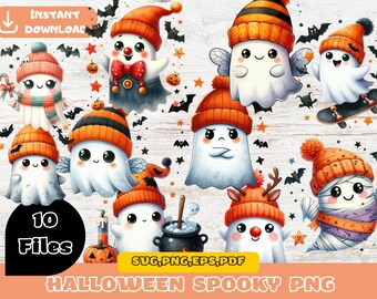 Halloween Spooky Digital Download Pack PNG, Cute Ghost PNG, Halloween Sublimation Design, Watercolor Sublimation, Halloween Fall Design