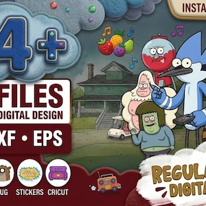 Op de afbeelding: Een digitaal pakket met personages uit Regular Show, waaronder Mordecai, Rigby, Benson, Skips en Muscle Man. De afbeelding bevat de tekst 24+ PNG FILES FOR CRICUT & DIGITAL DESIGN, SVG, DXF, EPS en REGULAR SHOW! DIGITAL BUNDLE.