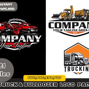 May include: A logo design pack featuring two different logos. The first logo features a red tow truck with a chain and hook, with the text "COMPANY Your Tagline" in a silver and black font. The second logo features a yellow bulldozer with a dump truck, with the text "COMPANY YOUR TAGLINE GOES HERE LLC" in a black font. Both logos are set against a white background.