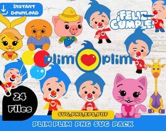 Plim Plim SVG PNG Bundle, 12 Cartoon Clipart, Kids Birthday SVG, Cricut Files, Sublimation Design, Instant Download