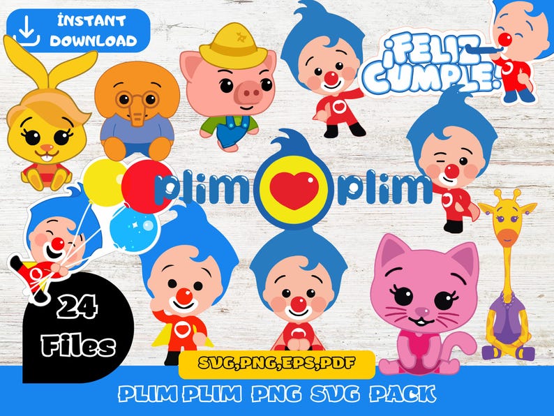 Op de afbeelding: Een verzameling kleurrijke cartoonkarakterafbeeldingen, waaronder een clown, een roze kat, een giraf en andere dieren. De afbeelding bevat de tekst "INSTANT DOWNLOAD", "FELIZ CUMPLE" en "24 Files". De afbeeldingen zijn gelabeld als een "PLIM PLIM PNG SVG PACK".
