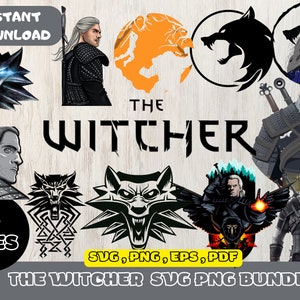 May include: A digital download bundle of 12 The Witcher SVG and PNG files. The bundle includes a variety of images, including the Witcher logo, the wolf symbol, and Geralt of Rivia. The text "The Witcher SVG PNG Bundle" is at the bottom of the image.