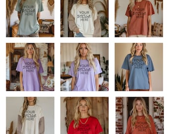 Bundel T-shirt T-shirt T-shirt Comfortkleuren, Lifestyle Mockups, Trendy Shirt Mock-up, Houtskool Model Mockup, Boho Mockup