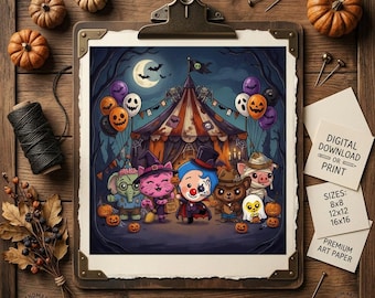 Cute Halloween PNG, Spooky Circus Animals Clipart, Kawaii Halloween Digital Download, Trick or Treat Artwork