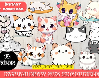 Kawaii Kitty digitale downloadpakket PNG SVG JPG | Clip Art & afbeeldingsbestanden | Shirtontwerp | Cartoonbundel | Verjaardagsuitnodiging | Onder de zee