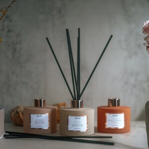 Peut inclure: Trois diffuseurs de parfum à roseaux aux tons pêche, beige et orange, chacun avec un bouchon doré et des roseaux noirs. Les diffuseurs ont des étiquettes avec du texte. L'arrière-plan est de couleur neutre, avec quelques éléments décoratifs.
