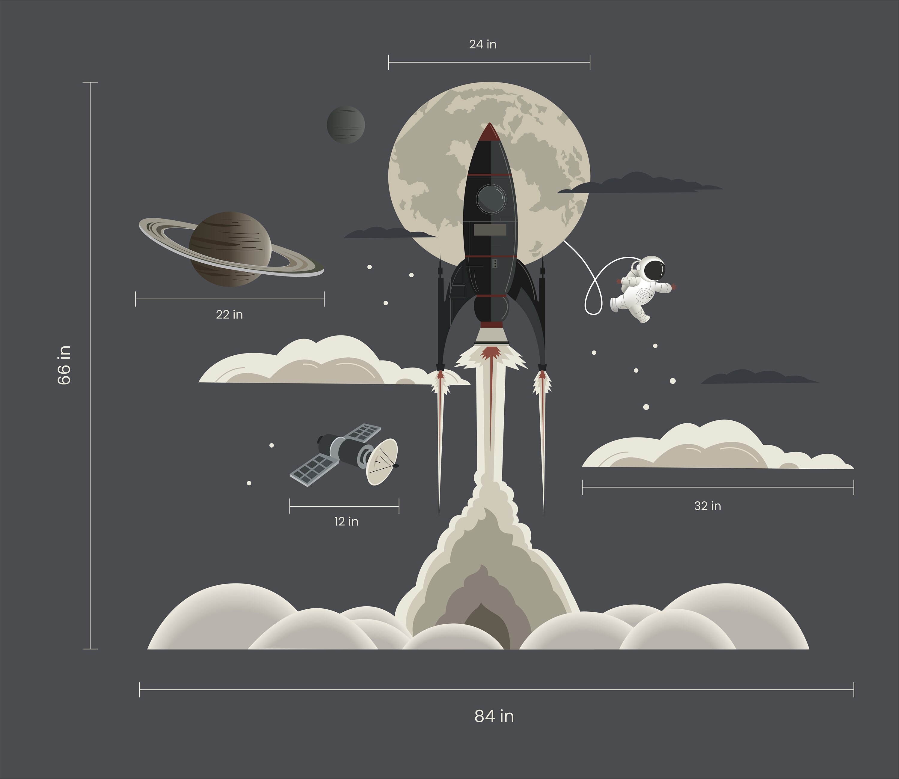 Spaceship Take off Wall Decal Rocket Lift off Wall Stickers Moon Wall Mural Meteor Wallpaper for