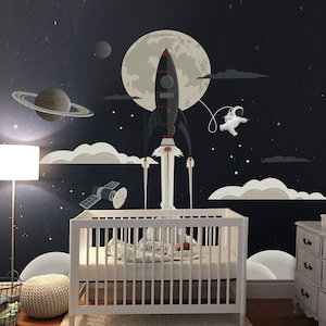Adesivo da parete con razzo, carta da parati con astronave, adesivo da parete con galassia, murales spaziali, luna e stelle, arte murale con Saturno per la cameretta dei bambini, arredamento per la casa
