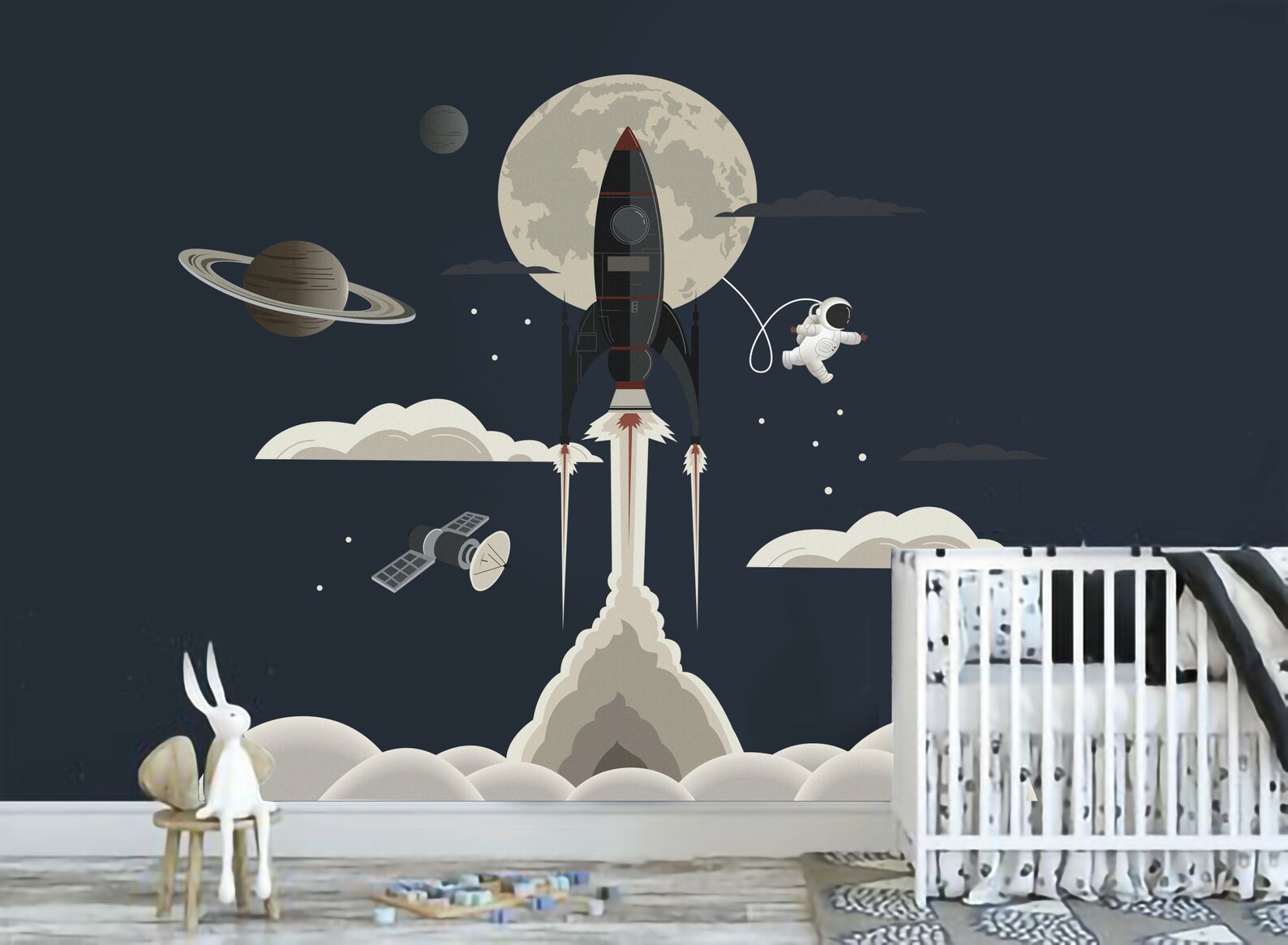 Spaceship Take off Wall Decal Rocket Lift off Wall Stickers Moon Wall Mural Meteor Wallpaper for
