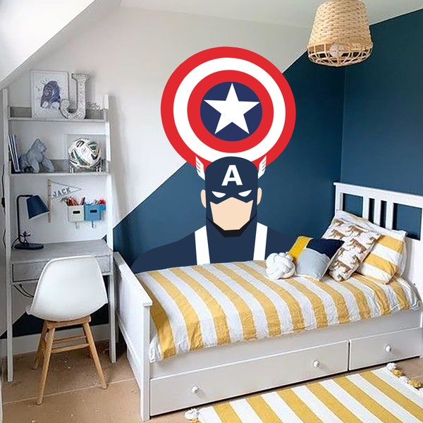 Sticker mural amovible Marvel, papier peint Captain America, sticker mural pour chambre de garçon, décoration murale pour chambre d'enfant