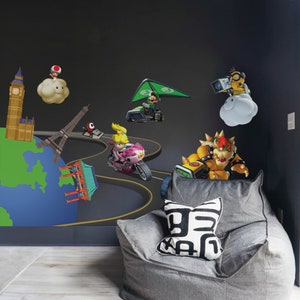 Super Mario Bros Wandtattoo Mario Racing Kart Wandaufkleber Spiele Wandaufkleber für Spielzimmer Wandkunst Spiele Dekor
