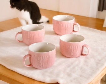 Ensemble de 4 grandes tasses à cappuccino roses en relief 490 ml Service à thé traditionnel fait main Service à café en céramique