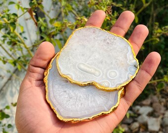 Bulk Set White Agate Coasters With Gold electroplating Edge Natural Crystal Geode Coasters Handmade for Gifts and Home Decor and table ware.