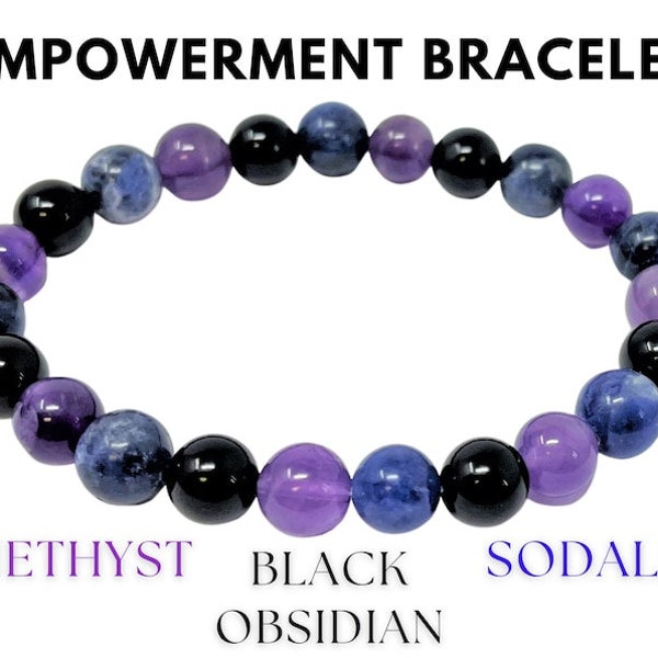Empowerment Bracelet•Amethyst, Black Obsidian, & Sodalite Combo, 8 mm Round Courage and Confidence Crystals•gemstone beads•Crystal Bracelet