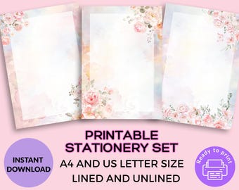 Printable Stationery Set| Pink Floral Themed Printable Stationery, Writing Paper, Journal Paper, Printable Paper, Digital Paper
