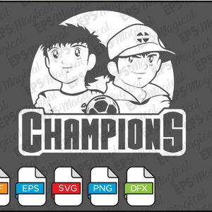 Puede incluir: Ilustración en blanco y negro de dos jugadores de fútbol de dibujos animados con la palabra "CHAMPIONS" en letras negritas debajo.