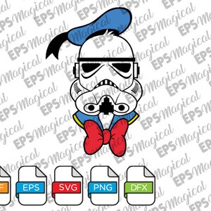 May include: A cartoon illustration of a Stormtrooper wearing a blue and white Mickey Mouse hat and a red bow tie. The illustration is in a black and white outline style.
