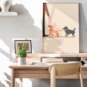 Póster de perro: perros felices con correa: ilustración de animales juguetones: impresión de arte vectorial: decoración de pared para amantes de los perros