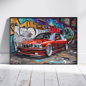 Impresión de póster de grafiti del BMW E36: ilustración de coche estilo arte callejero. Decoración de pared llamativa para garajes, zonas de descanso o interiores de entusiastas del motor.