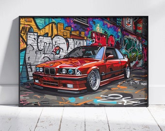 BMW E36 Graffiti Poster Print – Street Art Style Car Illustration