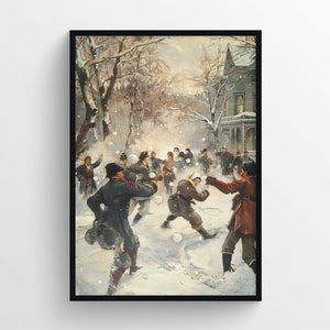 Stampa poster vintage con battaglia a palle di neve – classica scena invernale da parete – stile nostalgico per una decorazione murale accogliente per le feste
