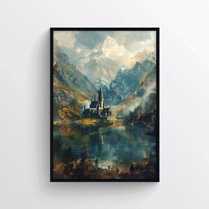 Magisches Schloss Poster Print – Fantasy Landschaft Wandkunst – Mystische Schloss Wanddeko – Verzauberte magische Schule Wanddekoration