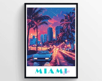 Póster de Miami, arte mural de paisaje urbano retro con estilo publicitario vintage, estampado tropical para viajes estadounidenses e interiores urbanos.