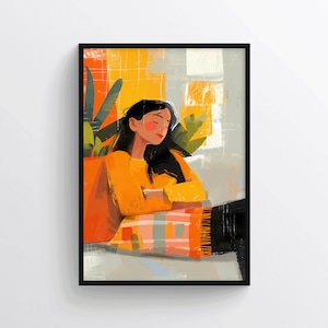 Póster de mujer durmiendo: arte mural relajante y estético, ilustración minimalista y cálida para dormitorio o decoración de pared estilo bohemio.