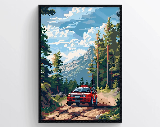 Retro Pixel Art Poster, 8-Bit Racing Car Print – Vintage Arcade Game Wall Decoration for Gamers and Retro Style Home Interiors