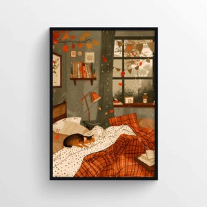 Impresión de otoño de gato en la cama – Lindo cartel de gato – Impresión de gato de ambiente acogedor de otoño – Decoración de pared de ambiente cálido