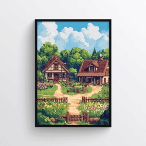 Póster de Stardew Valley: acogedor paisaje pixelado para decorar la pared. Arte retro inspirado en videojuegos de estilo cabaña para gamers y decoración del hogar.