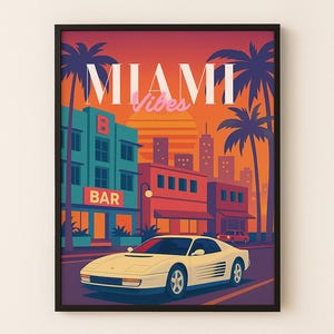 Póster retro de Miami - Arte mural estilo años 80 - Ilustración de coche al atardecer - Decoración de pared con estética neón para sala de estar u oficina