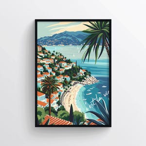 Poster di viaggio della Costa Azzurra, stampa murale "C'est La Vie", stampa costiera vintage, poster da spiaggia di metà secolo, decorazione murale mediterranea, arte retrò