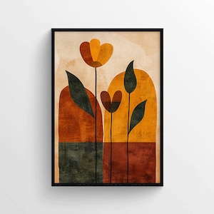 Póster de flores bohemias, impresión en tonos tierra relajantes, arte de formas naturales, decoración de pared botánica, arte de pared cálido y colorido