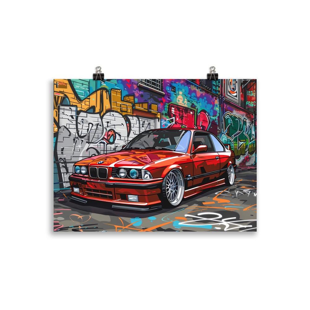 BMW E36 Graffiti Poster Print – Street Art Style Car Illustration