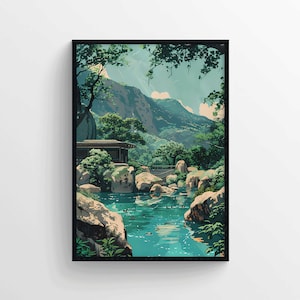 Stampa in stile Hasui Kawase, stampa rilassante, poster d'arte giapponese, stampa di paesaggi panoramici, anime, illustrazione digitale, pittura