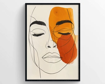 Line Drawing Portrait Poster, Minimalistic Line Drawing Print, Abstract Art Poster, Soothing Print, Earth Tones Print for Living Room