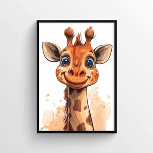 Niedliche Giraffe Poster Print – lächelndes Tier Wandkunst für Kinderzimmer oder Kinderzimmer – bunte Cartoon Illustration Wanddekoration für Tierliebhaber