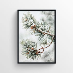 Stampa vintage con ramo di pino e neve – Poster invernale – Decorazione con atmosfera natalizia – Illustrazione di un albero di pino innevato – Calda arte murale invernale